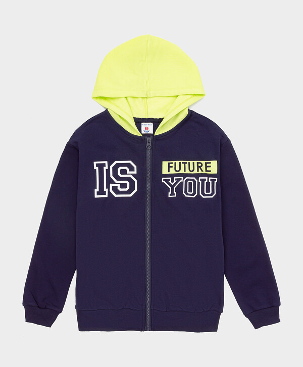 Толстовка из футера на молнии с принтом и контрастным капюшоном темно-синяя для мальчика Button Blue