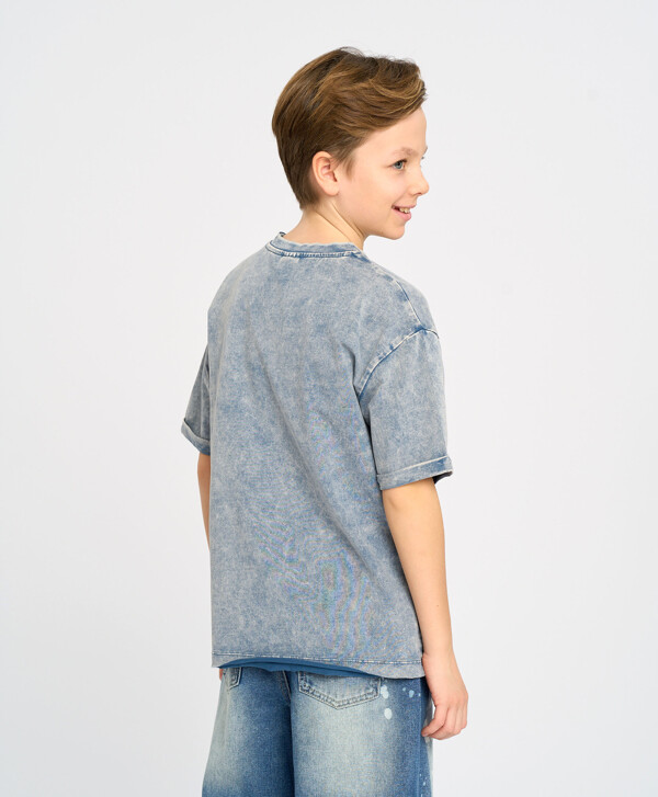 Футболка хенли с коротким рукавом для мальчика синяя с карманом Button Blue