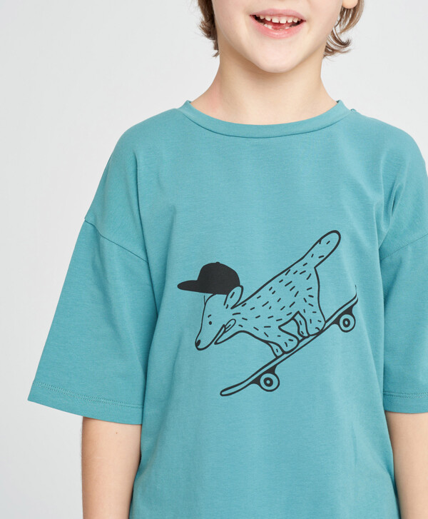 Футболка с коротким рукавом для мальчика оверсайз бирюзовая с принтом Button Blue