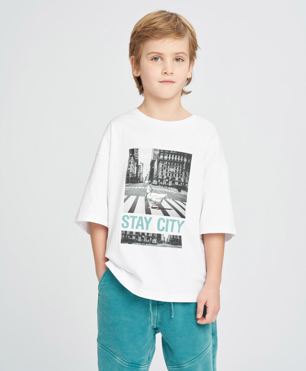 Футболка с коротким рукавом для мальчика белая оверсайз с принтом Button Blue