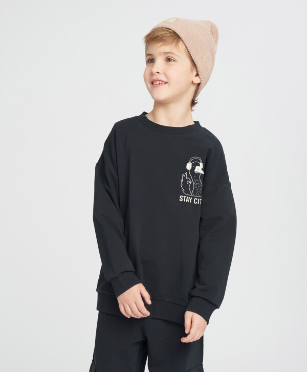 Свитшот детский черный оверсайз с принтом Button Blue