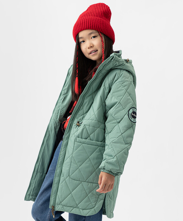 Пальто демисезонное с трикотажной подкладкой и поясом на кулиске зеленое Button Blue