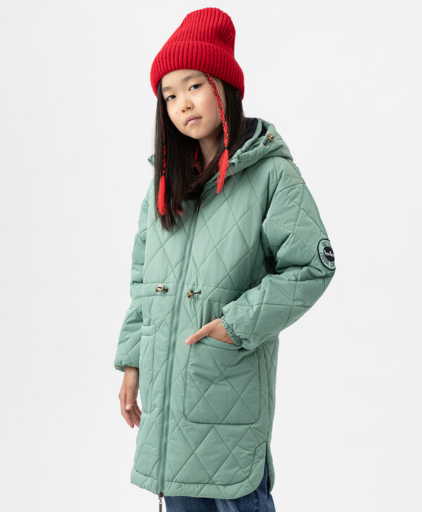 Пальто демисезонное с трикотажной подкладкой и поясом на кулиске зеленое Button Blue