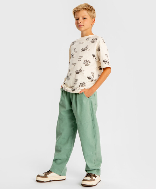 Джинсы свободные Baggy с защипами зеленые детские Button Blue