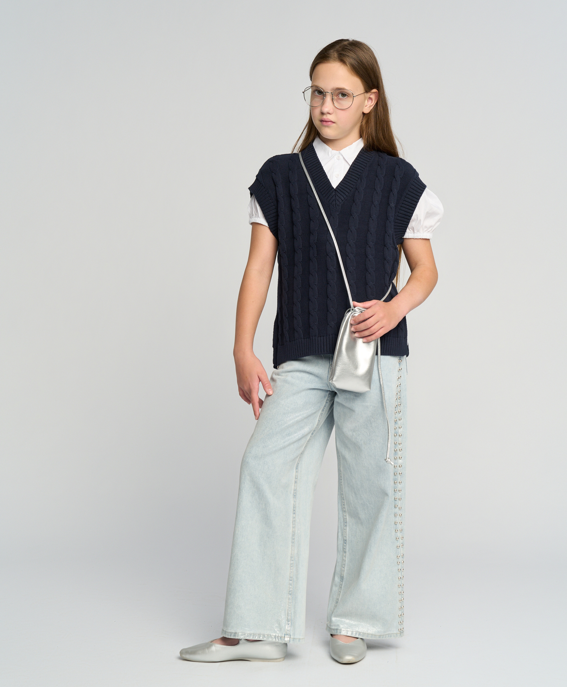 Жилет с крупными косами синий Button Blue