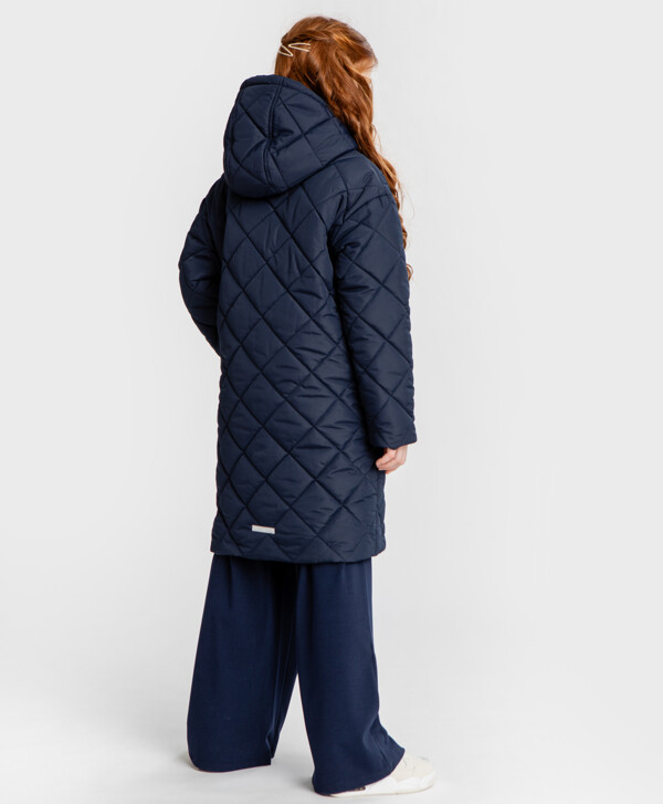 Пальто стеганое с капюшоном демисезонное синее для девочки Button Blue
