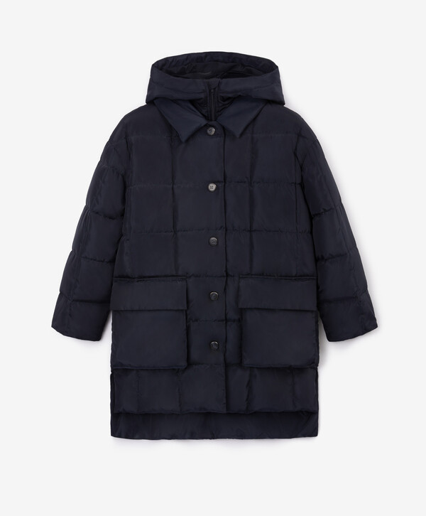 Полупальто для девочки стеганое плащевое с отстегивающейся манишкой с капюшоном синее Gulliver